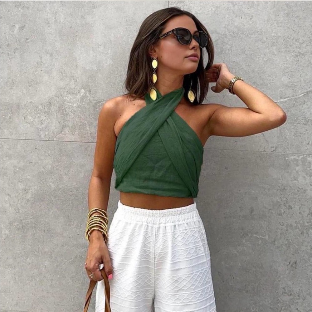 COMMENSE *NWT Cotton & Line Crisscross Halter Tank Top | XS